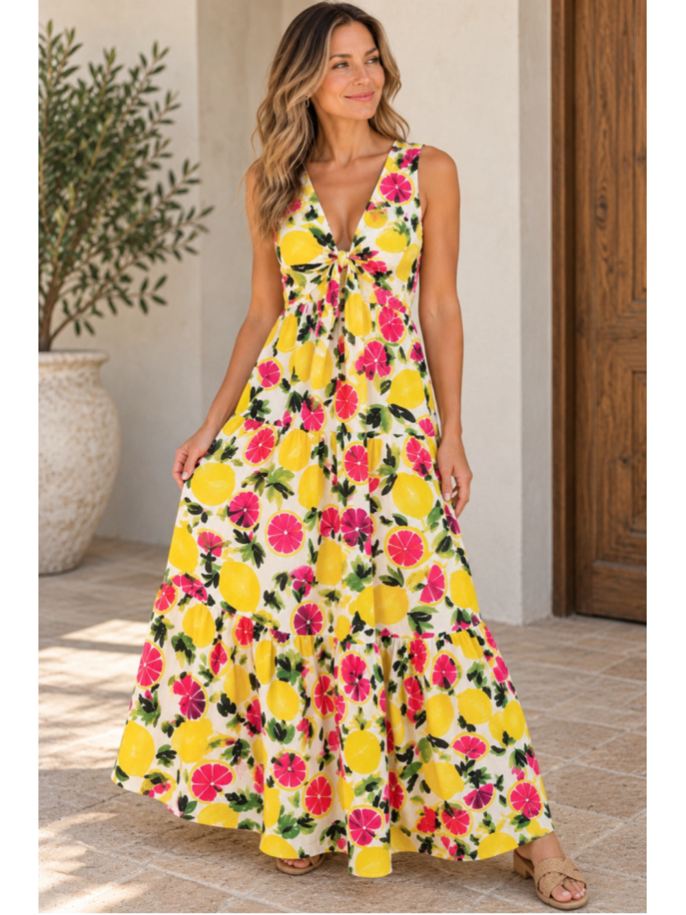 Steve Madden Amanda Citrus Lemon Grapefruit Maxi Dress XS Cotton Resort